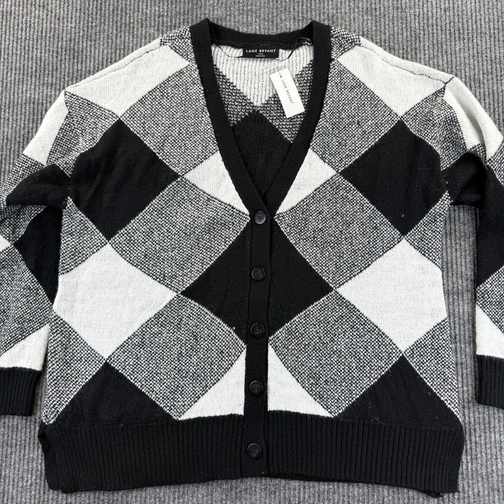 Lane Bryant Cardigan Sweater Womens 14/16 Black White Argyle Button Front V-Neck